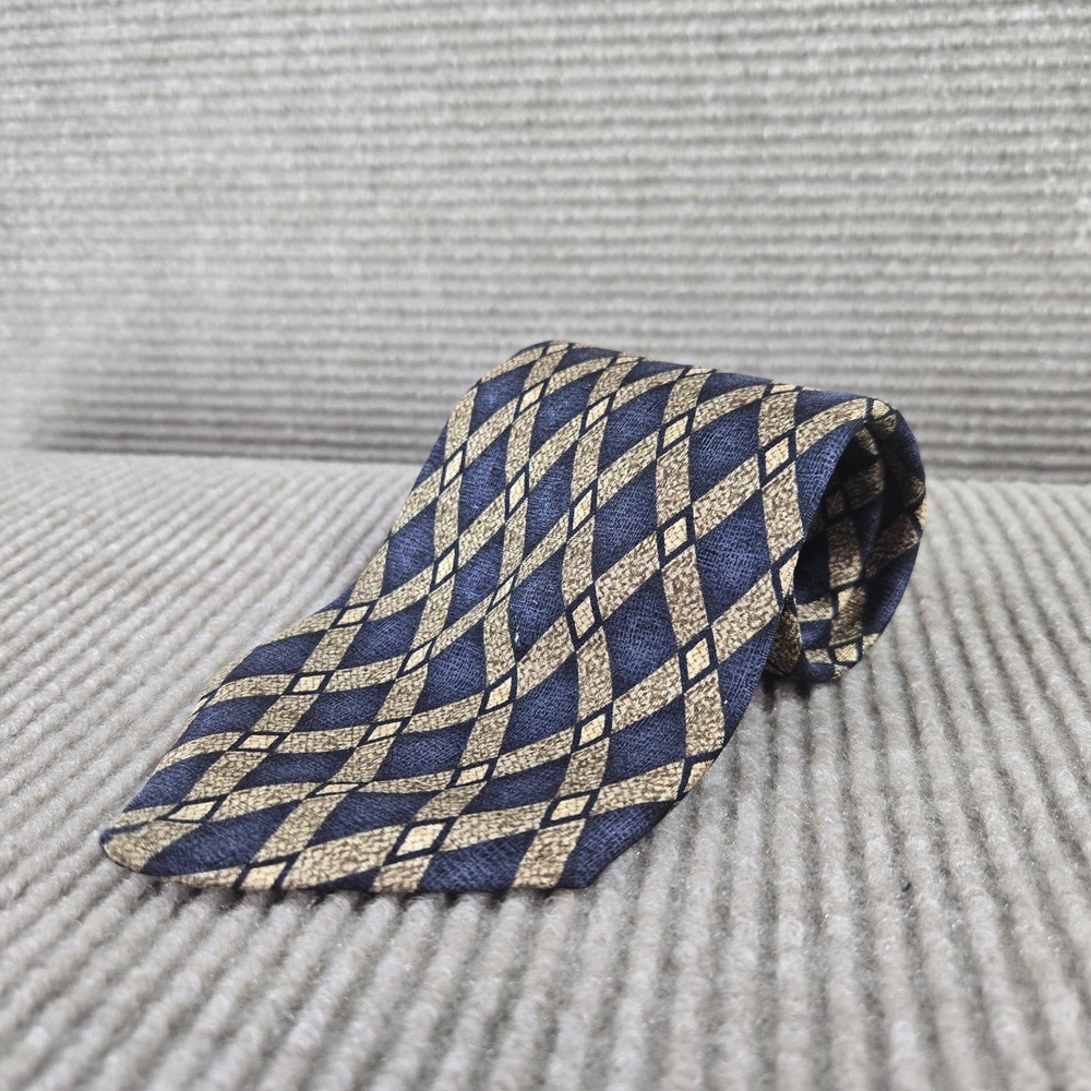 Haggar Mens Navy Blue Gold Diamond Geometric Silk Necktie